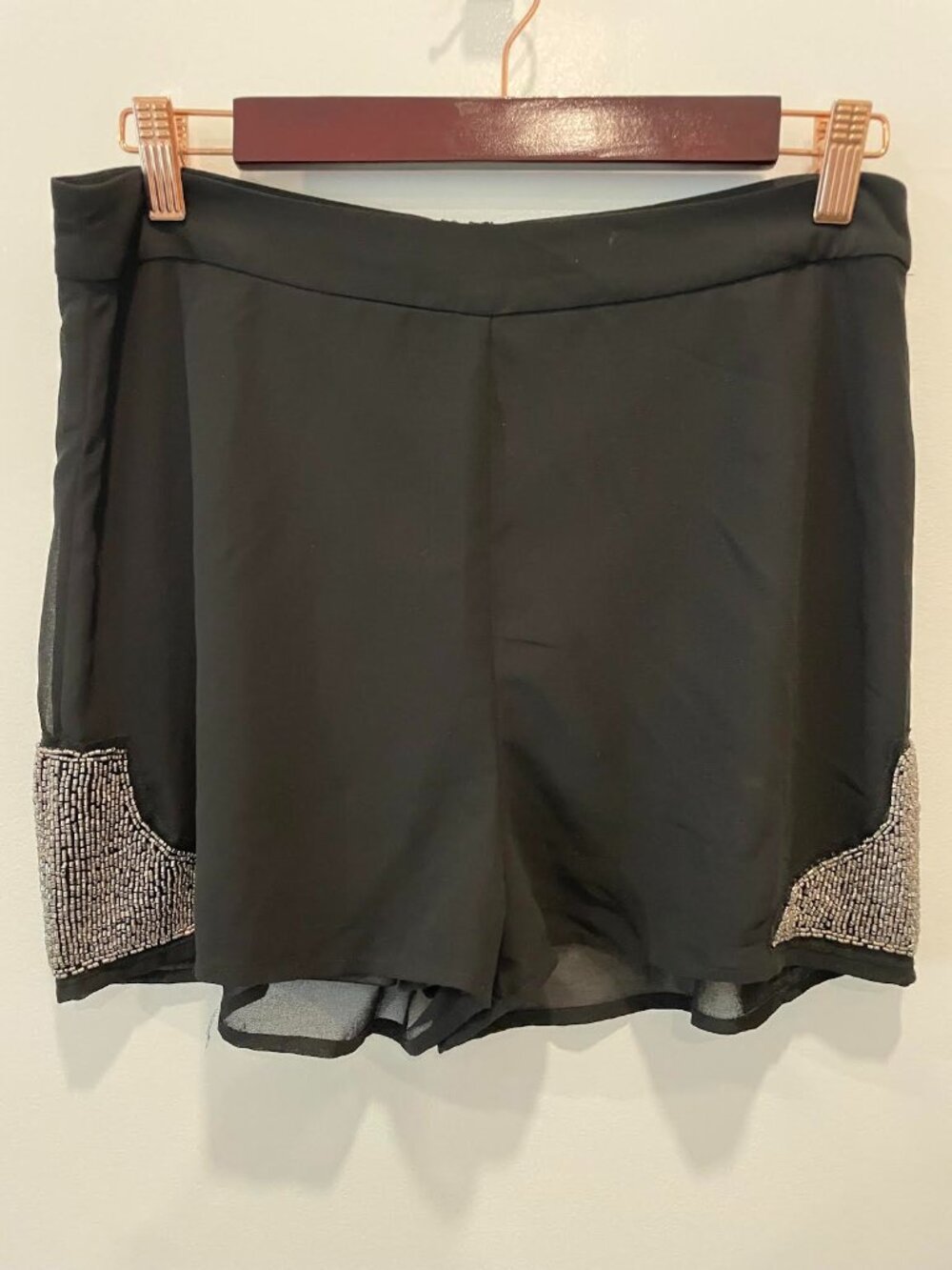 In Style Black Beaded Chiffon Overlay Shorts - Size Large